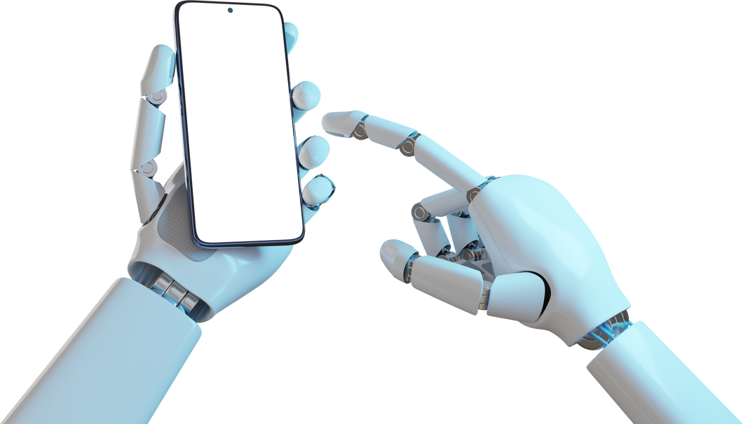 Robotic hands using a mobile phone with a blank screen.