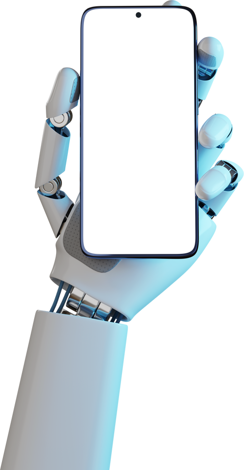 Robotic hand holding a mobile phone with a blank screen